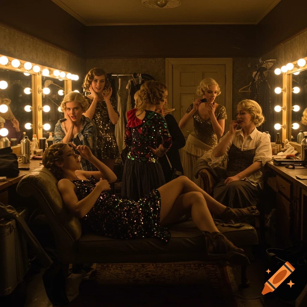 Women in sequined dresses getting ready in a vintage backstage dressing room with illuminated mirrors.