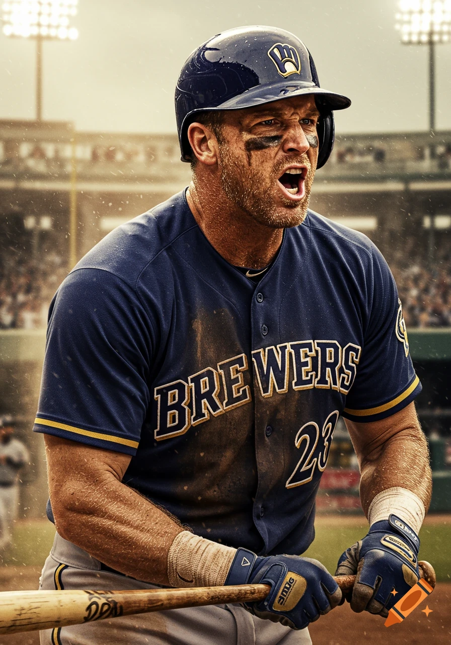 A gritty baseball player in a navy Brewers uniform, covered in dirt, shouts on the field with a bat in hand.