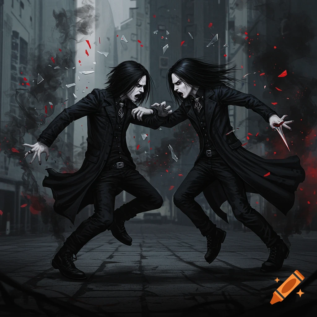Two stylized gothic figures in long black coats fighting on a dark city street with smoke and shattered debris.