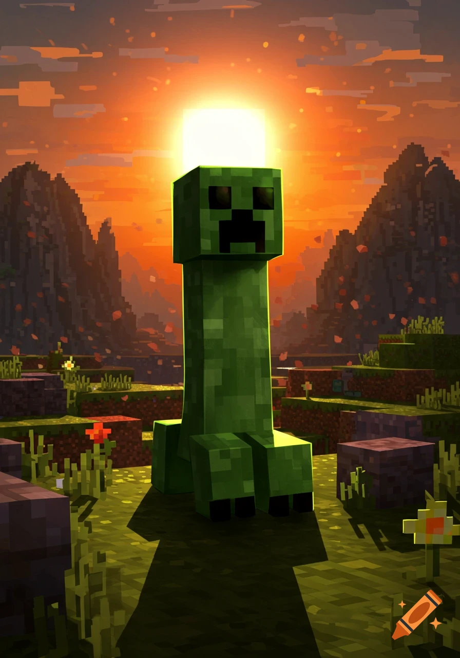 A green Minecraft Creeper stands in a pixelated landscape with mountains at sunset, bright sun behind it.