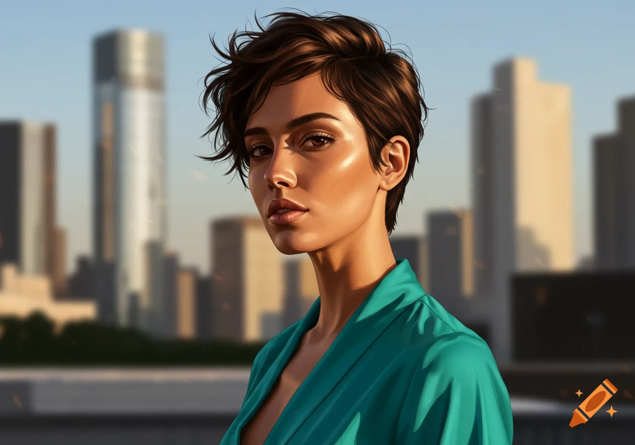 A photorealistic portrait of a woman with short, dark hair against a blurred city skyline.