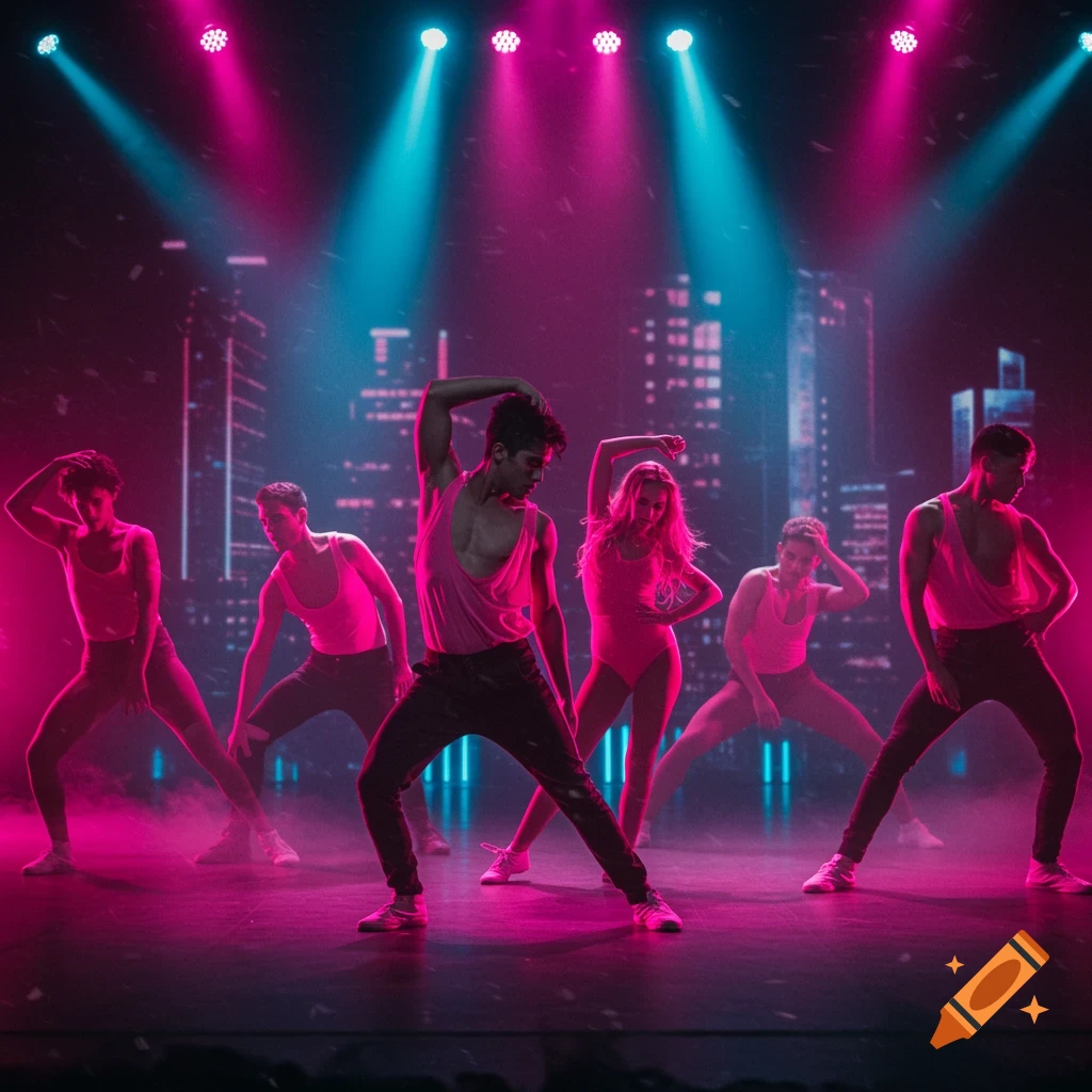 Five dancers in pink outfits perform on a stage under bright pink and blue neon lights, with a blurred cityscape in the background.