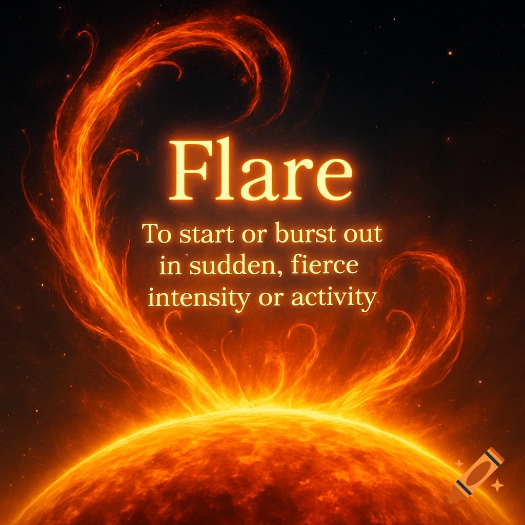 A vibrant solar flare erupts from a star in space, with the word 'Flare' and its definition written over it.