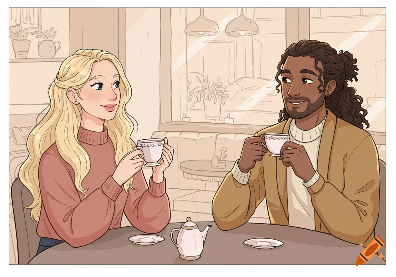 A man and a woman in cartoon style sit at a table in a cafe, each holding a teacup and smiling. A teapot sits between them.