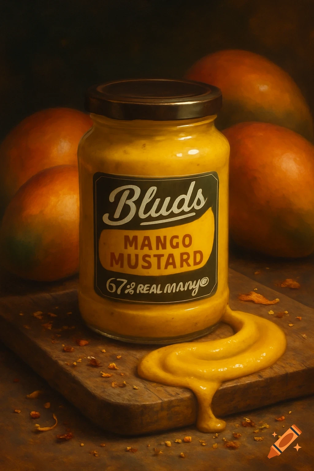 A jar of mango mustard sits on a wooden board with spilled mustard, surrounded by mangoes, in a still life photograph.
