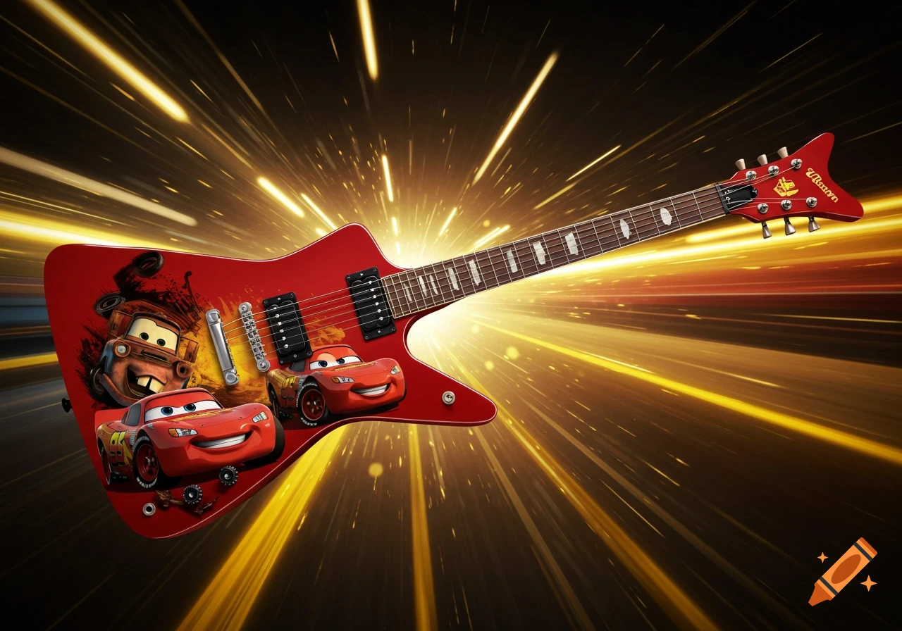 Red Gibson Explorer style guitar featuring Lightning McQueen and Mater from Cars, against a background of golden light streaks.