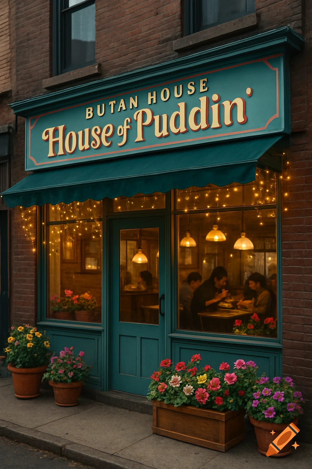 Photorealistic restaurant storefront, 'Butan House House of Puddin'', with green awning, string lights, potted flowers, and people dining inside.