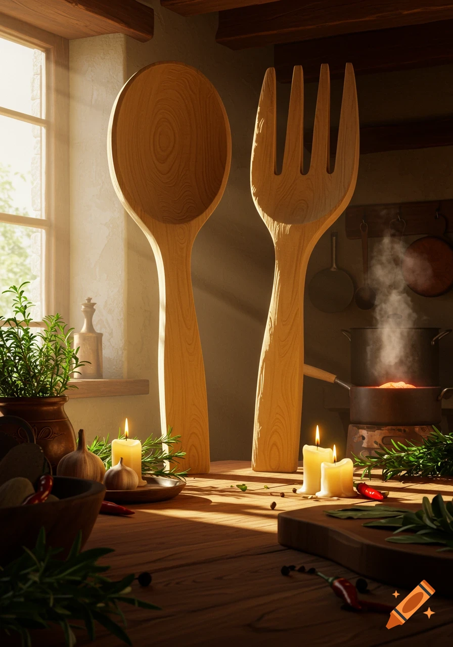Giant wooden spoon and fork stand on a rustic kitchen table with herbs, candles, and a steaming pot in a sunlit room.