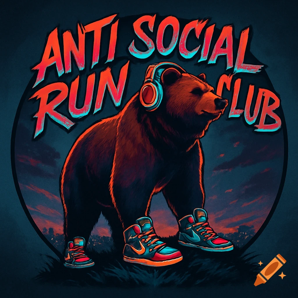 A cartoonish brown bear wearing headphones and red and blue sneakers stands on a grassy hill, with "ANTI SOCIAL RUN CLUB" above it.