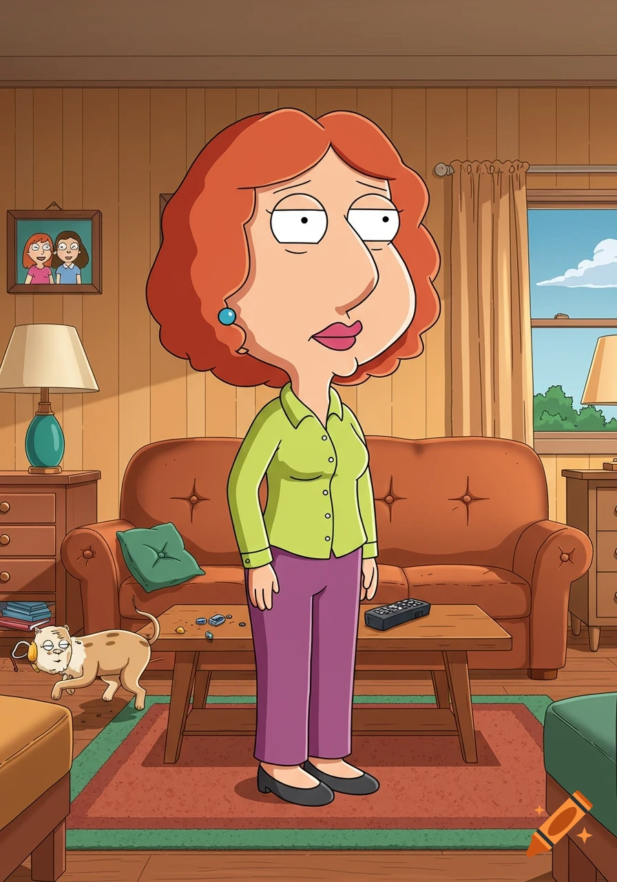 Lois Griffin from Family Guy stands in a living room with a cat and furniture, in a cartoon animation style.
