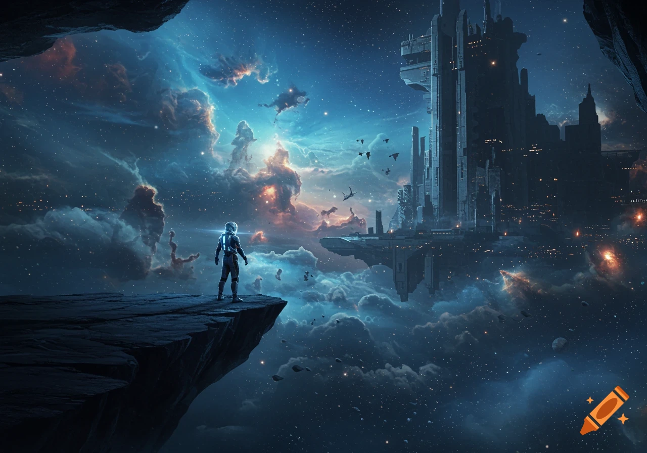 An astronaut stands on a cliff, gazing at a sprawling futuristic city floating amidst cosmic nebulae and stars.