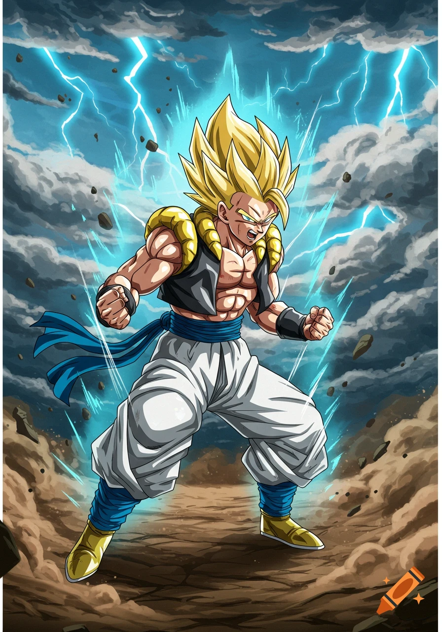 Gogeta in Super Saiyan form stands powerfully amid a lightning storm and flying debris in an anime style.