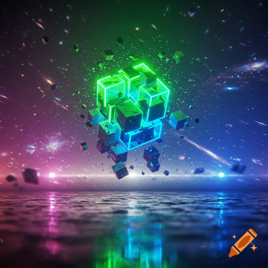 Glowing green and blue interconnected cubes float above a reflective surface in a dark, cosmic setting with scattered lights.