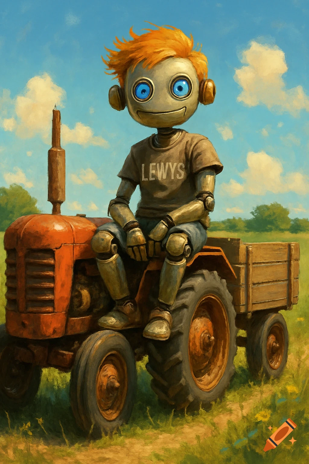 A cute, smiling robot with orange hair sits on an old orange tractor in a sunny green field. Digital painting style.