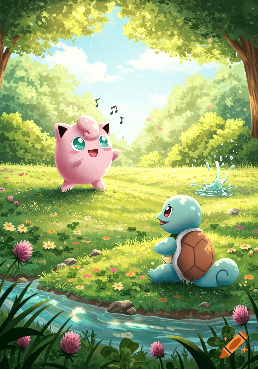 Jigglypuff sings in a sunny meadow with a stream, while Squirtle sits nearby, in a cartoon style.