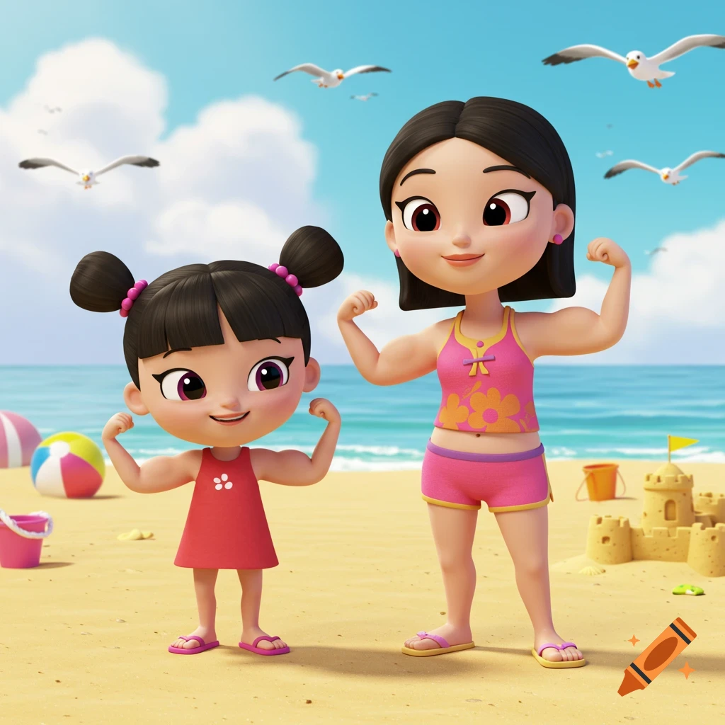 A cartoon mother and daughter with strong muscles pose on a sunny beach with seagulls and a sandcastle.