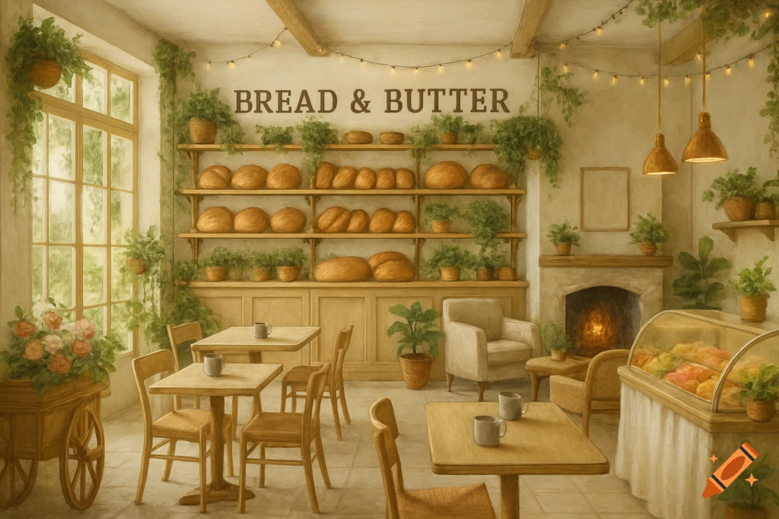 A cozy, rustic bakery and cafe interior with shelves of bread, potted plants, and wooden tables and chairs.