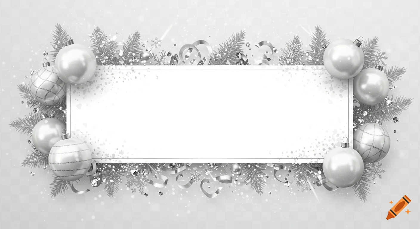 Elegant horizontal Christmas banner with a blank white center framed by silver ornaments, fir branches, glitter, and snowflakes.