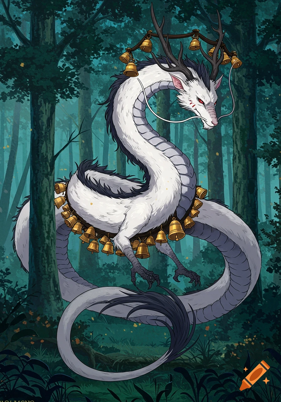 An anime-style white dragon with antlers and golden bells coiled gracefully in a dark forest.