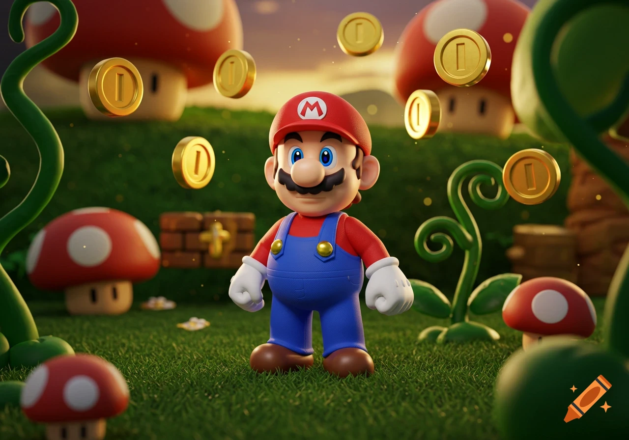 A 3D render of Mario standing in a green grassy field with red mushrooms, green vines, and floating gold coins, resembling a Super Mario Bros. game level.