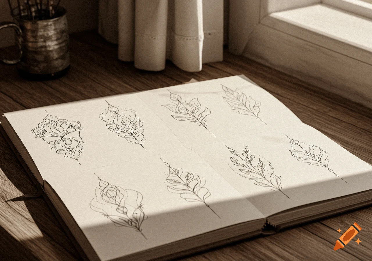 An open book on a wooden surface displays various detailed line art tattoo designs in a warm, sunlit room.