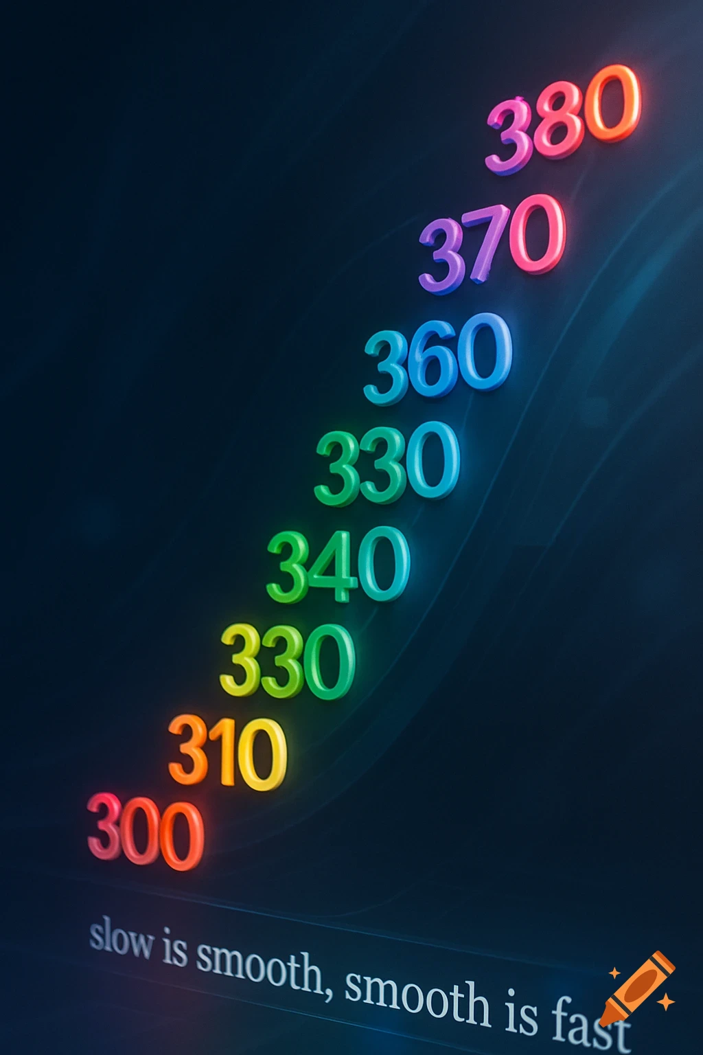 Colorful glowing 3D numbers from 300 to 380 arranged diagonally upwards on a dark background, with the text 'slow is smooth, smooth is fast' at the bottom.