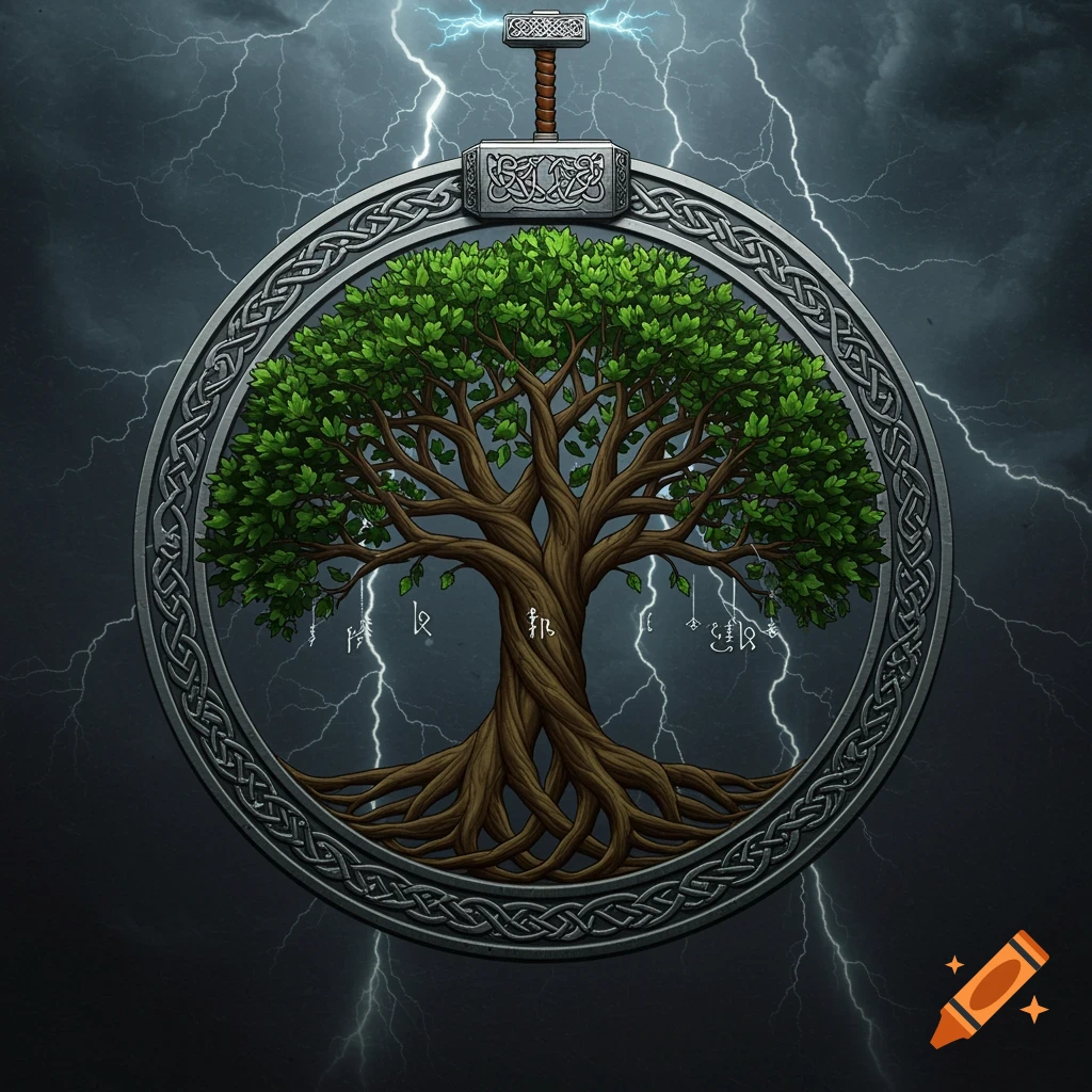 Detailed illustration of the Tree of Life in a Celtic knot circle with Thor's hammer above, against a stormy sky with lightning.