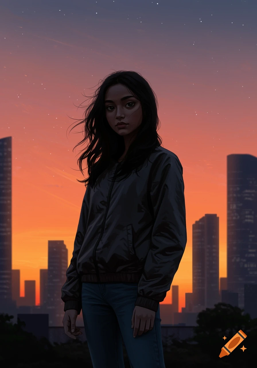 Digital art portrait of a young woman with dark hair and a jacket, standing against a city skyline at sunset.