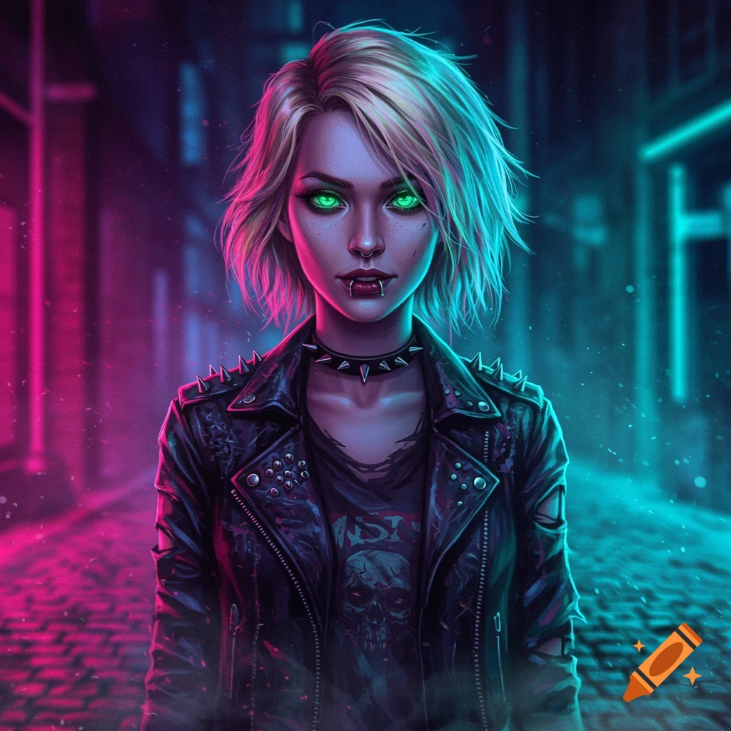 A portrait of a female vampire with glowing green eyes and fangs, wearing a leather jacket, in a neon-lit cyberpunk alley.