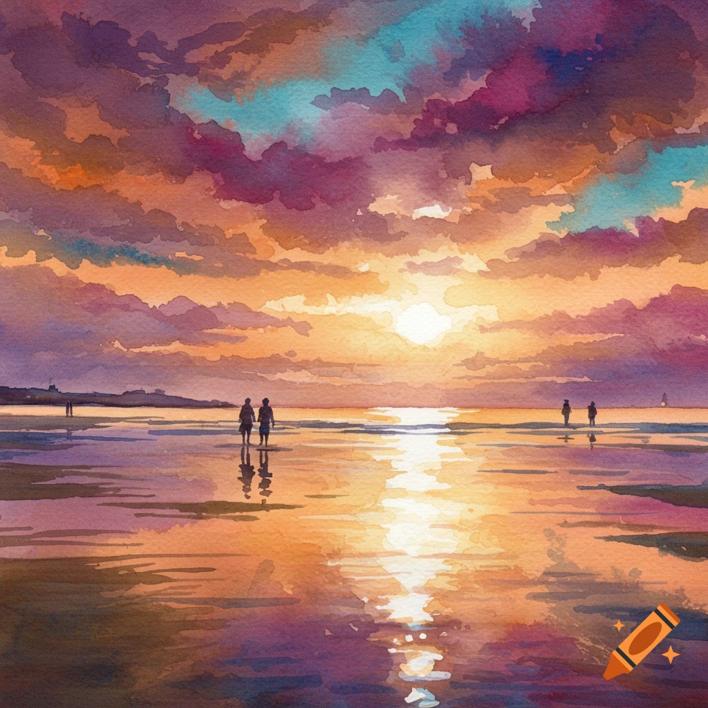 Watercolor painting of people walking on a beach at sunset, with colorful clouds reflecting on the wet sand.
