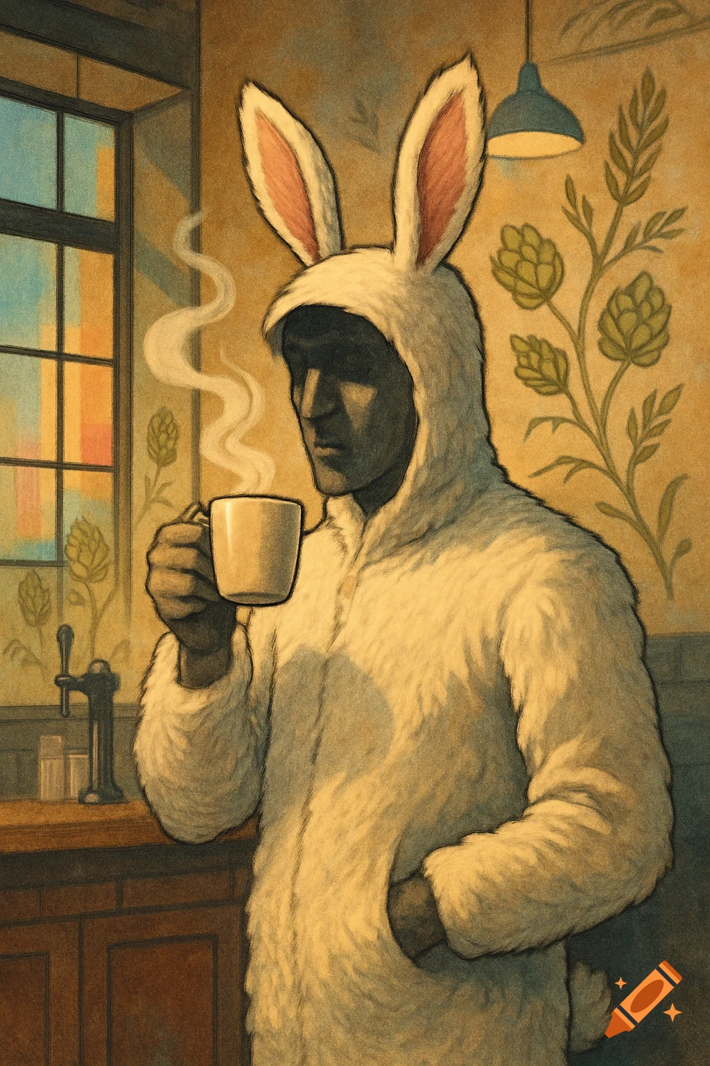An illustration of a person in a white bunny costume with their face shrouded in shadow, holding a steaming coffee mug in a warm, rustic interior.