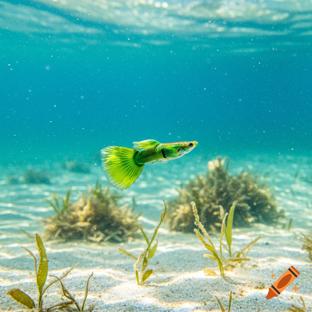 A vibrant green guppy fish swims in clear blue water, with light filtering from above and plants on the sandy bottom.