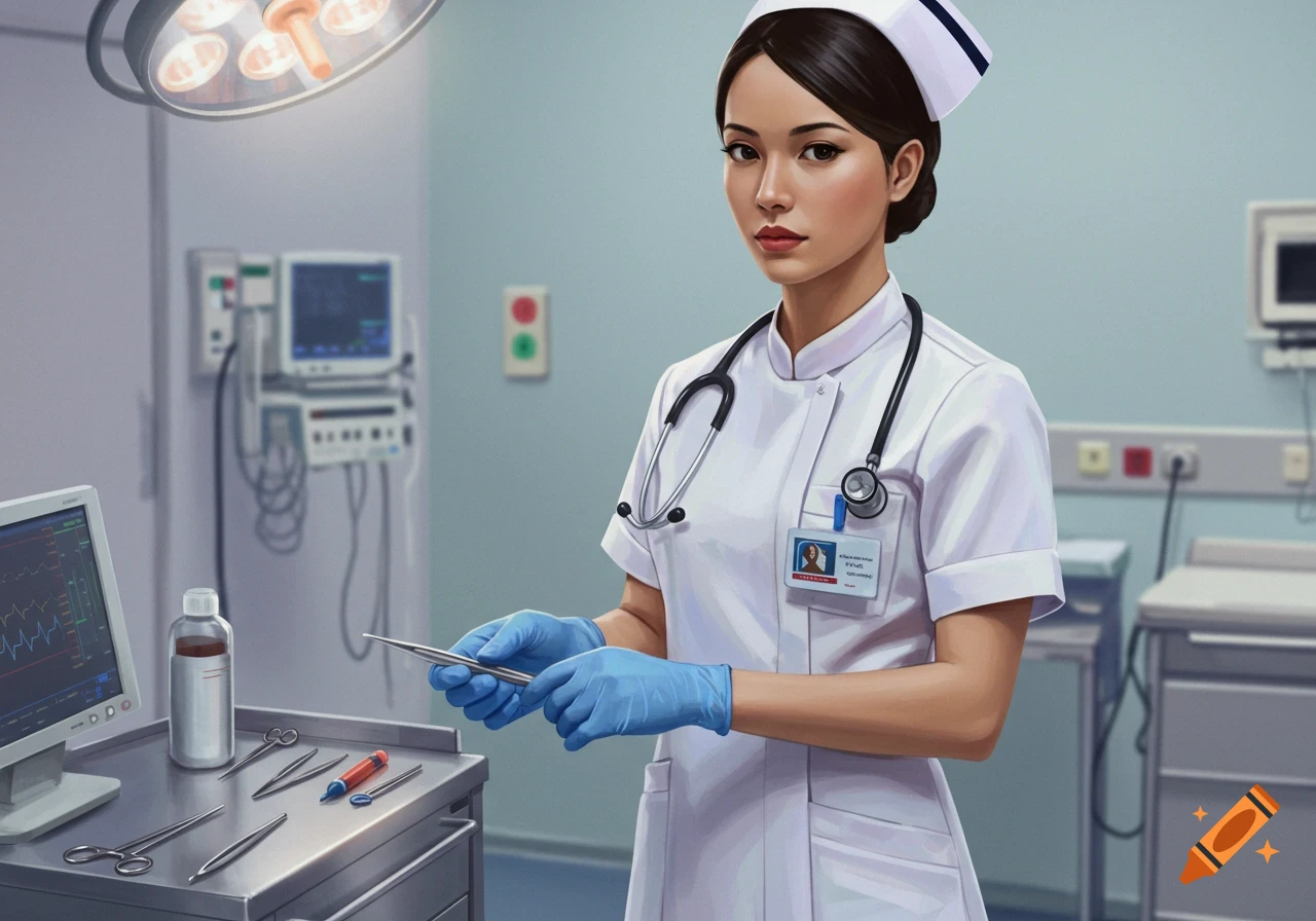 A female nurse in white scrubs and blue gloves holds a medical tool in a hospital room.