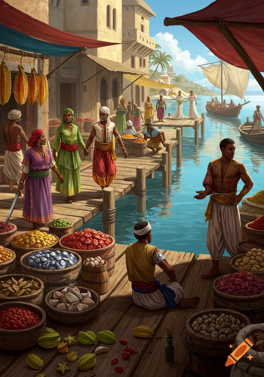 A vibrant harbor market scene with people trading goods like fruits, fish, and spices on a wooden dock with boats on blue water and buildings in the background.