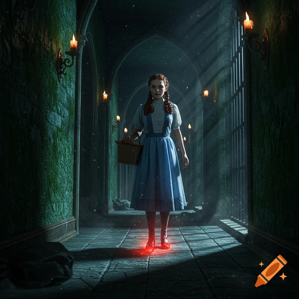 Dorothy, with braids and a blue dress, stands in a dark, candlelit gothic castle hallway, her ruby slippers glowing red.