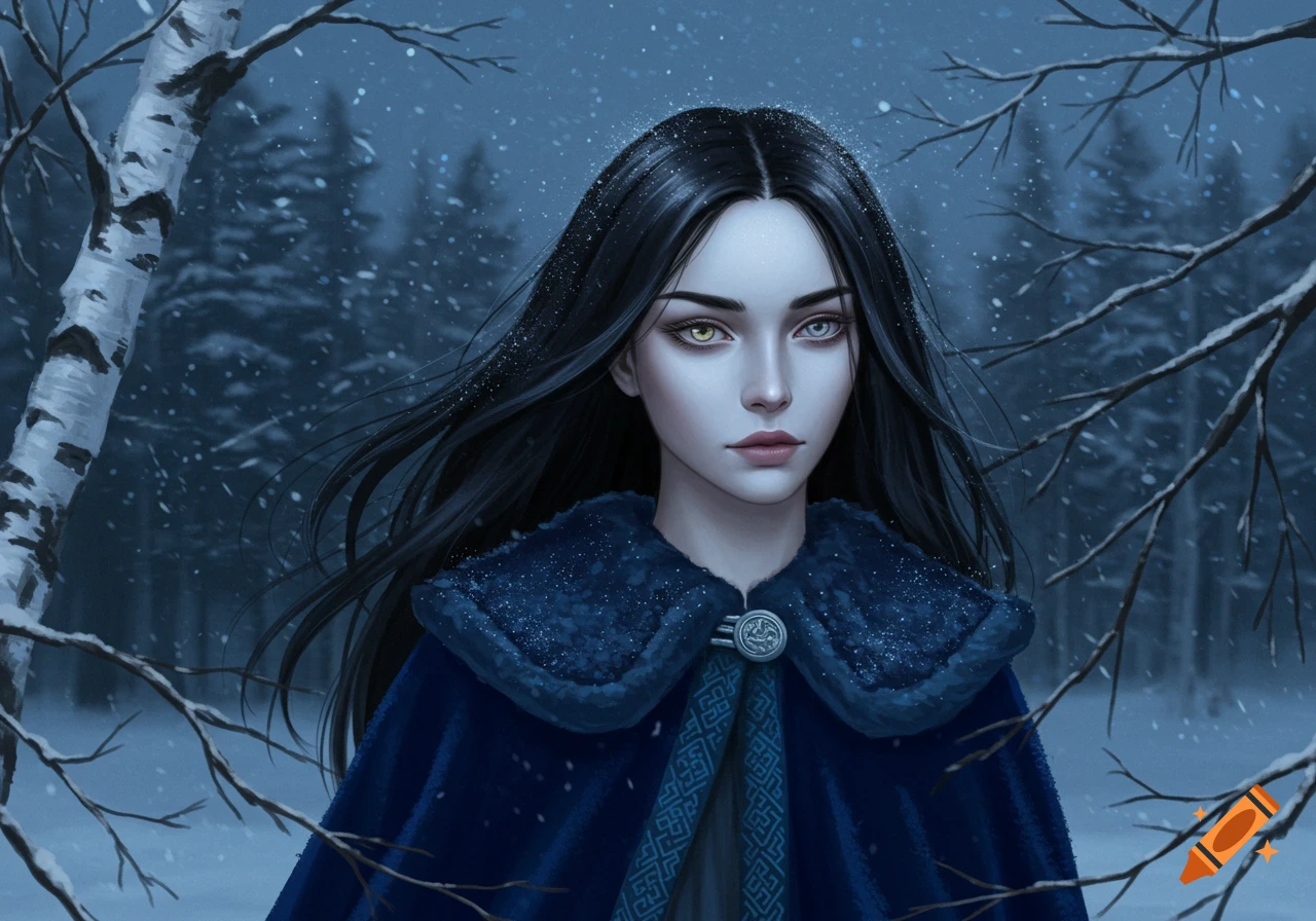 A young woman with heterochromia and long black hair in a blue fur-trimmed cloak stands in a snowy forest.