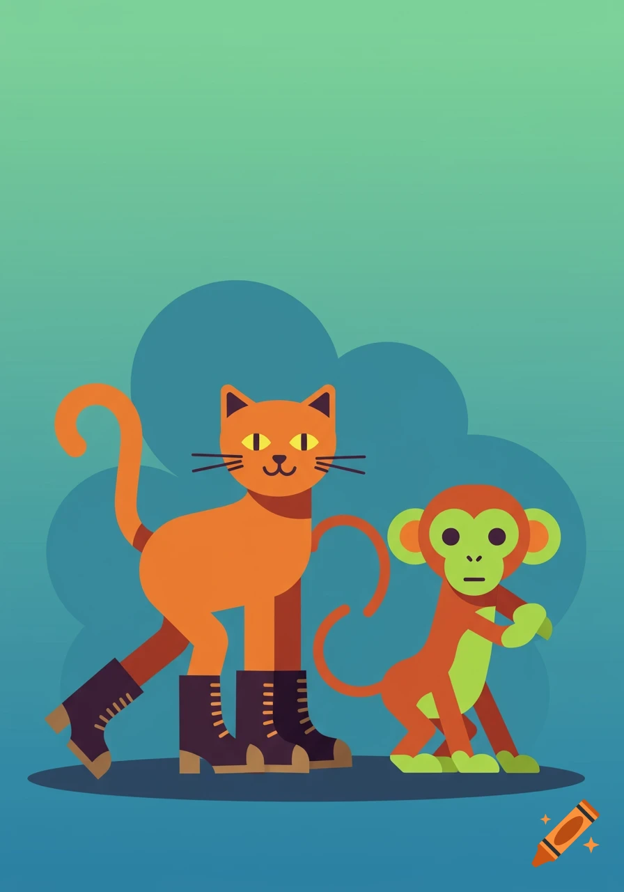A stylized orange cat in boots stands with a green-faced monkey against a blue and green background.