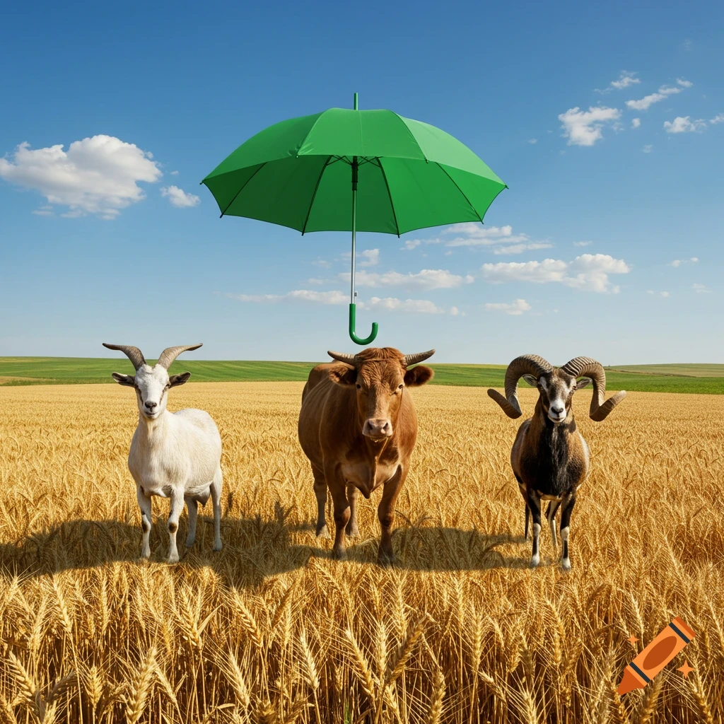 A white goat, a brown cow, and a ram stand in a golden wheat field under a large green umbrella, with a blue sky and distant green hills.