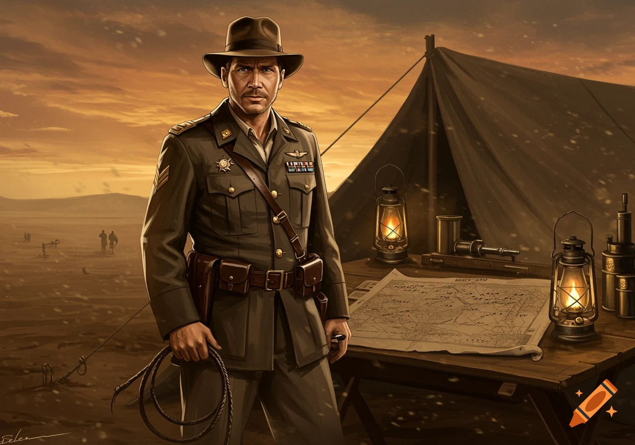 Indiana Jones dressed as a military general in a desert encampment, holding a whip.