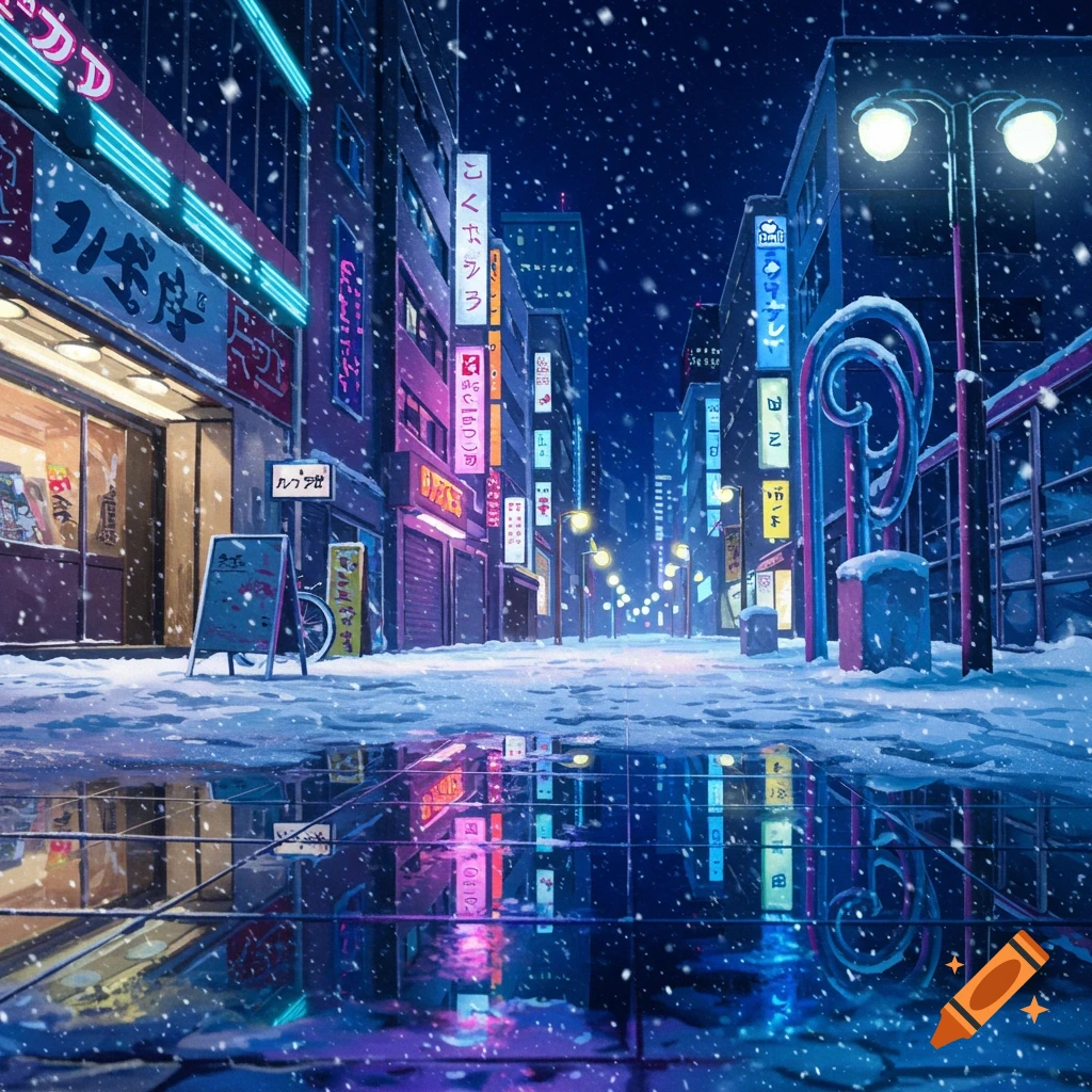 A snowy city street at night with neon signs, streetlights, and reflections on the ground, in an anime style.