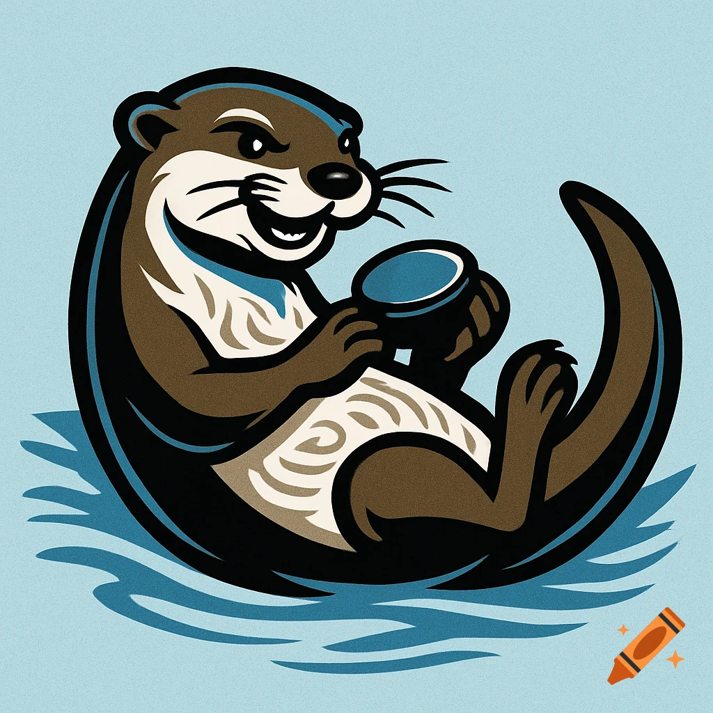 A cartoon logo of a smiling brown and beige otter lying on its back in water, holding a blue hockey puck.