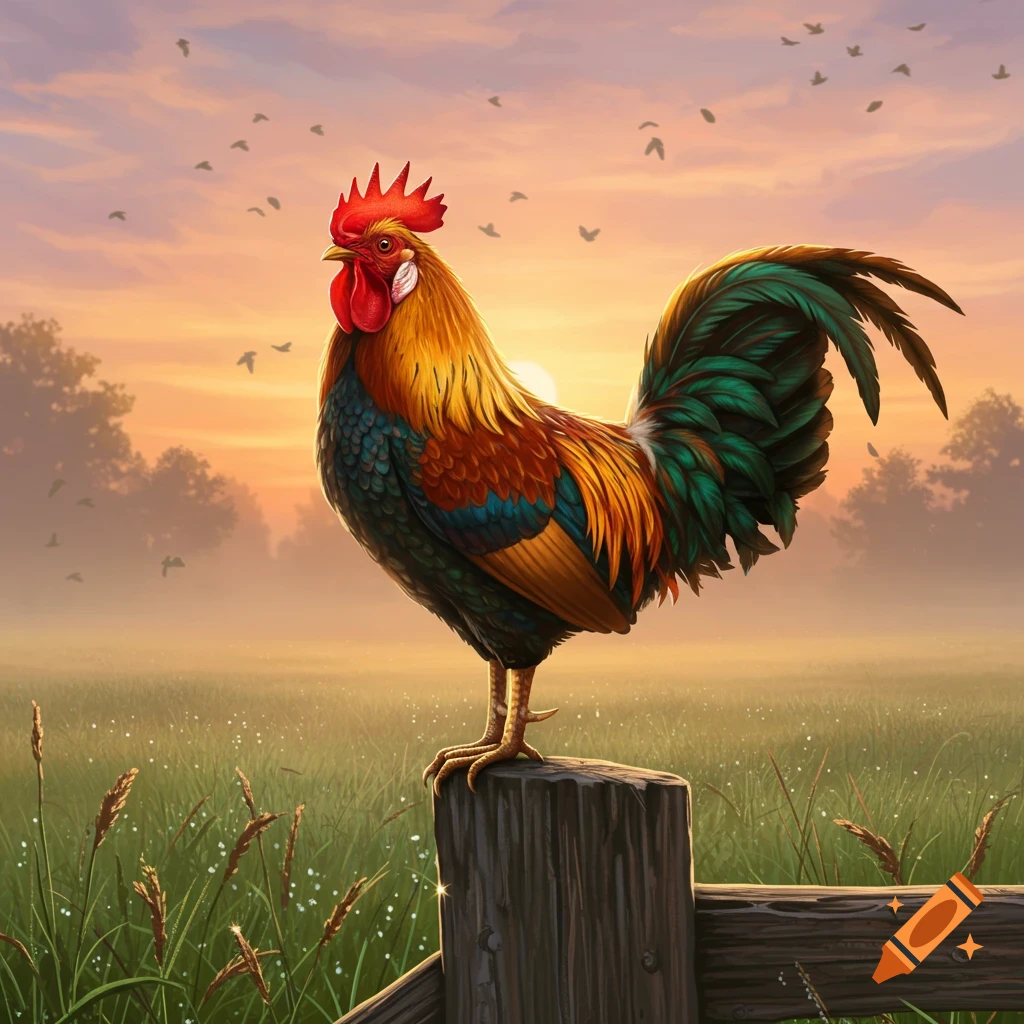A colorful rooster stands on a wooden fence post in a grassy field at sunrise with birds flying in the orange sky.