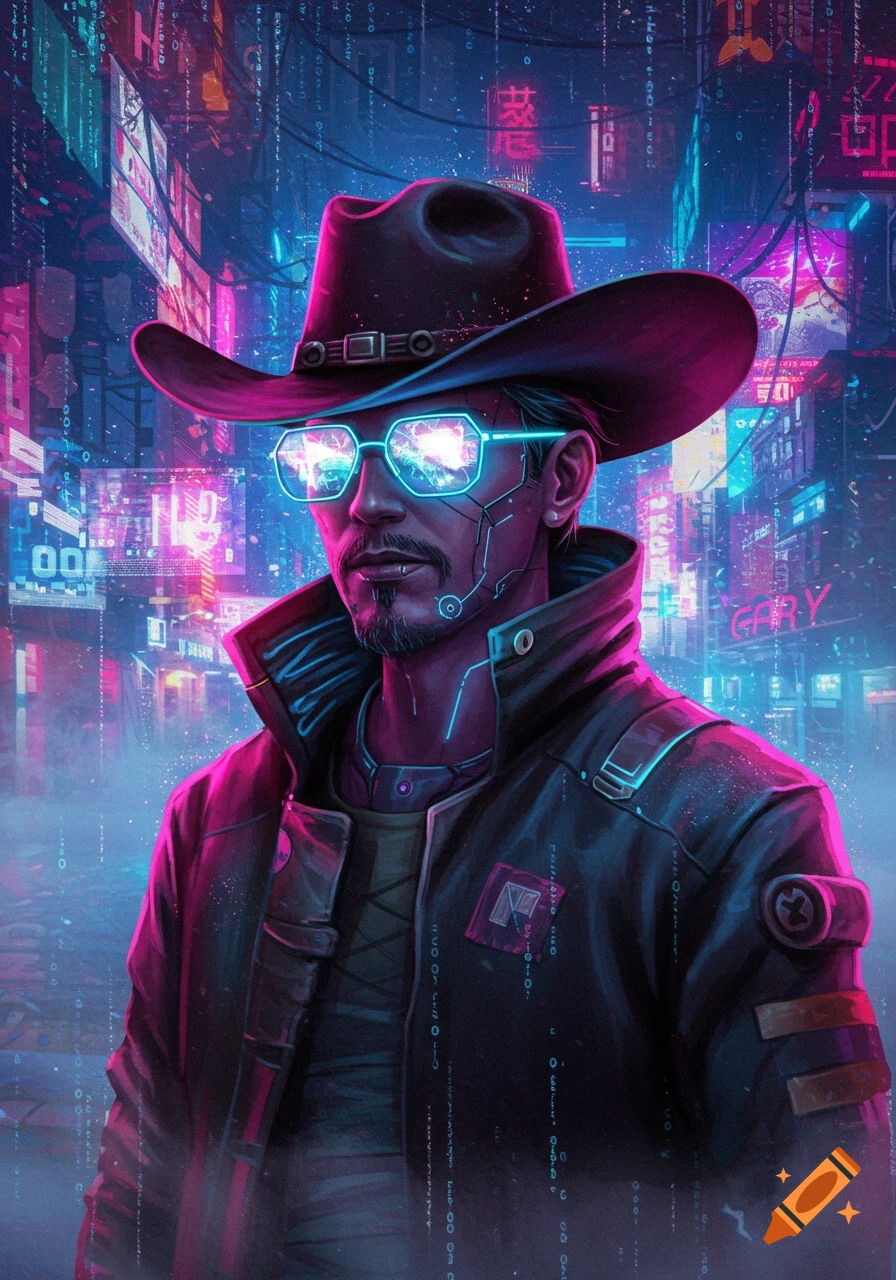 A man with a cowboy hat and glowing glasses stands in a neon-lit cyberpunk city, depicted in a digital art style.