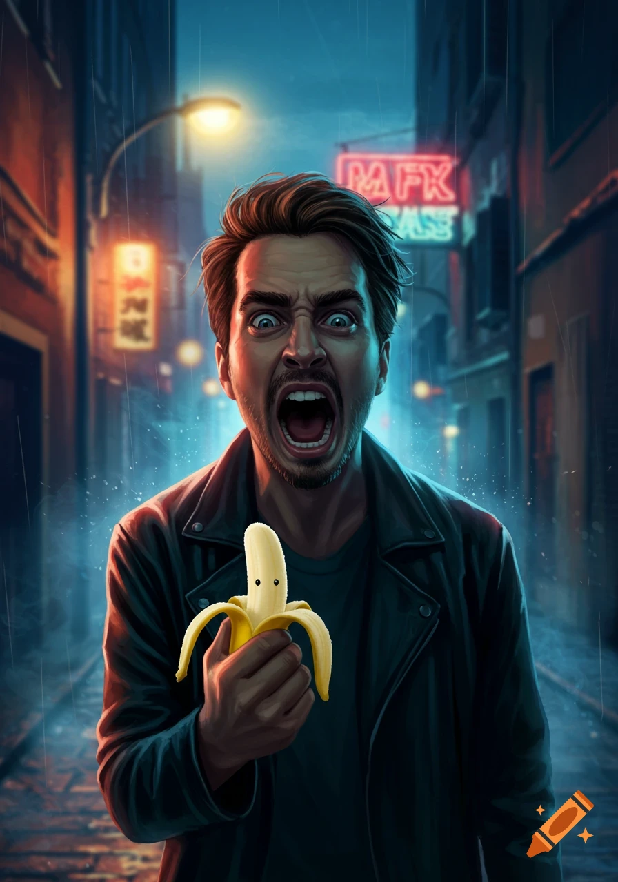 A man with a wide-open mouth screams in a rainy, neon-lit alley while holding a partially peeled banana with a small, happy face drawn on it.