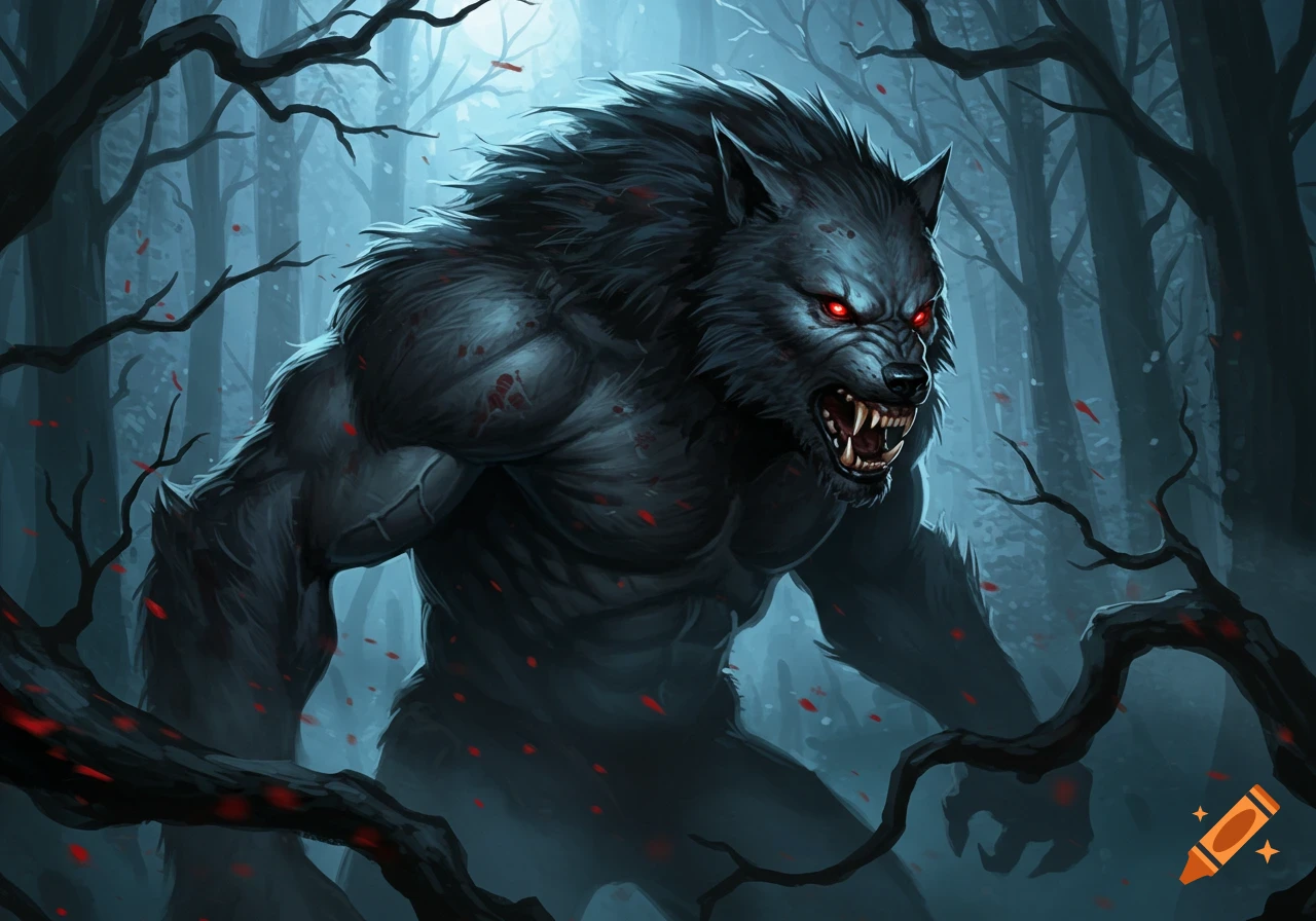 A fierce black werewolf with glowing red eyes and sharp fangs stands in a dark forest, snarling. Digital painting.