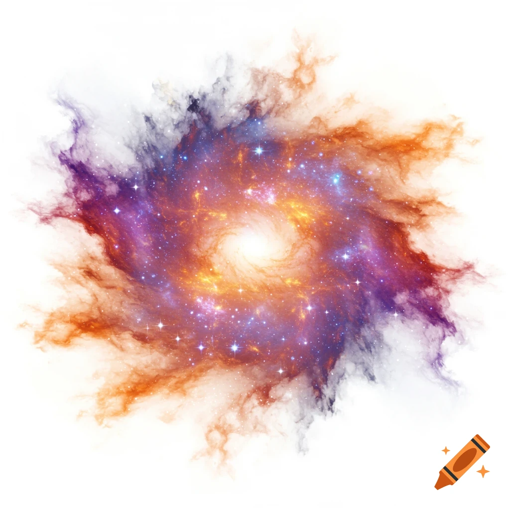 A vibrant, swirling galaxy with bright stars and colorful nebulae against a white background.