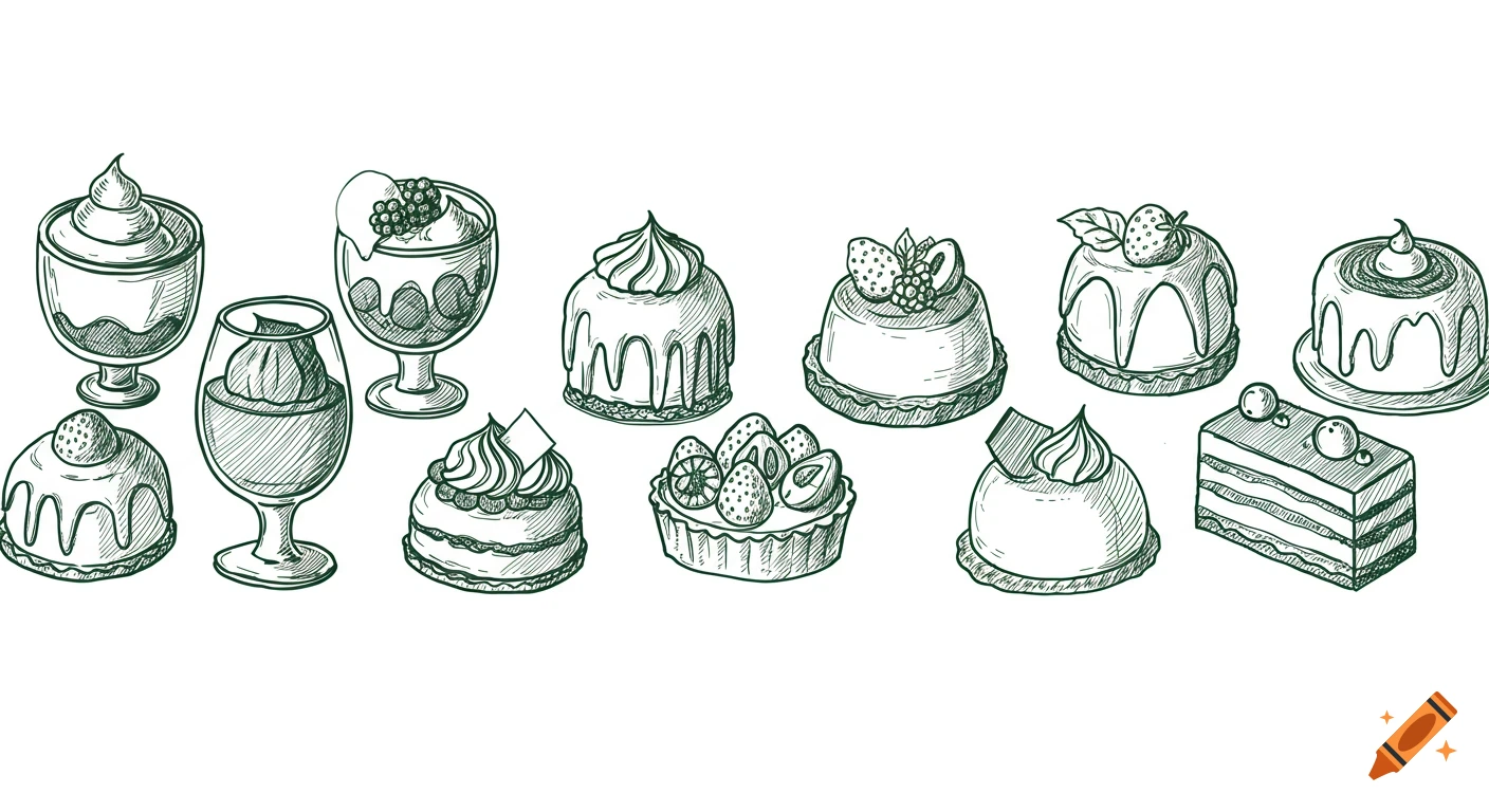 A horizontal row of various desserts and pastries like tarts, cakes, and mousses, rendered in a sketchy dark green line art style.
