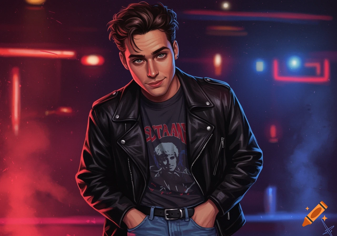 A stylish young man in a leather jacket and graphic t-shirt, standing in a neon-lit urban setting.