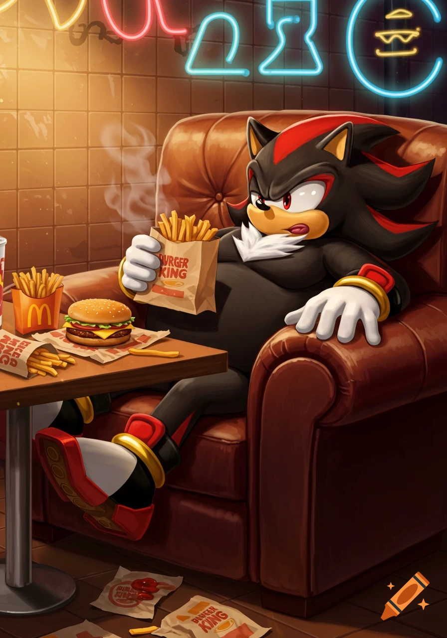 Fat Shadow the Hedgehog sits on a brown armchair, eating fries from a Burger King bag, with a burger and McDonald's fries on a table. Neon signs glow in the background.