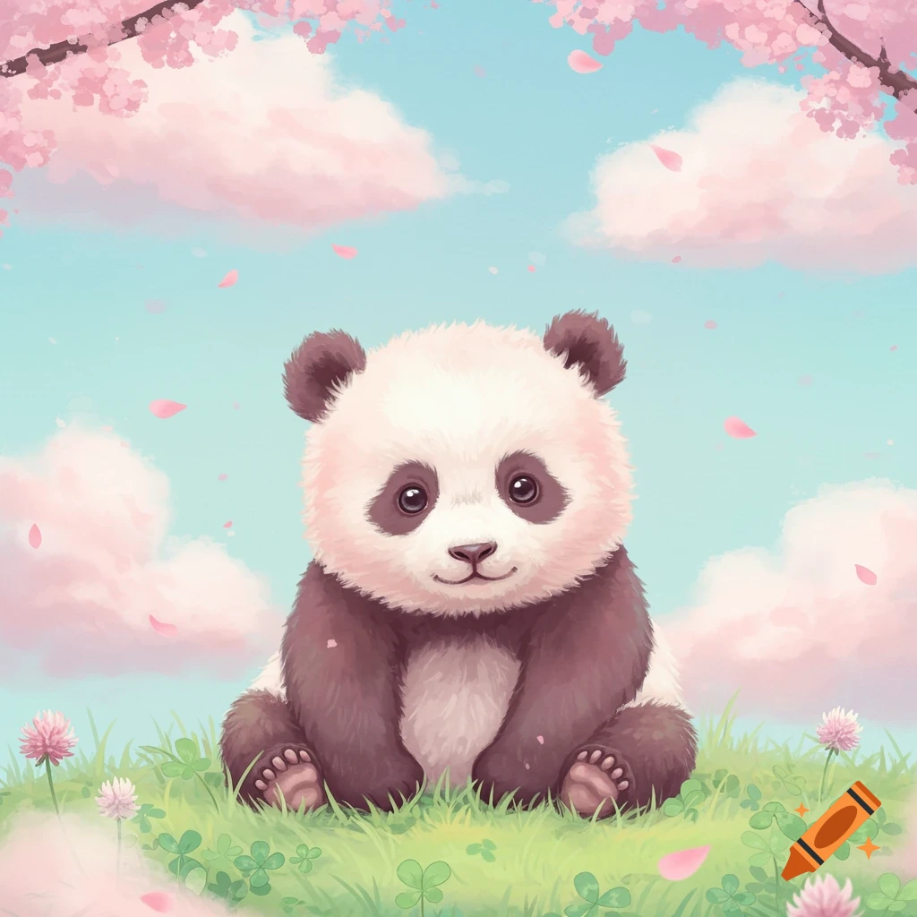 A cute baby panda sits on green grass under pink cherry blossoms and pink clouds in an illustrative style.